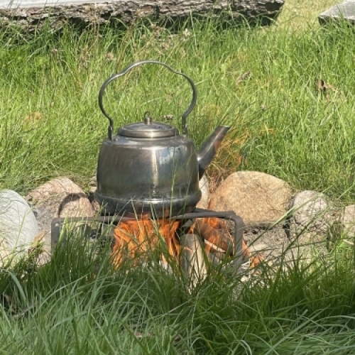 Bålplads med kedel i grønne omgivelser ved Botilbudet Lindholm