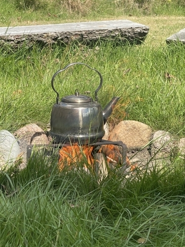 Bålplads med kedel i grønne omgivelser ved Botilbudet Lindholm